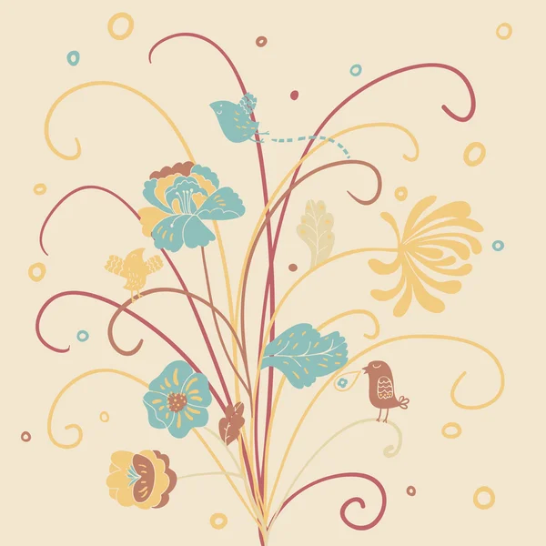 Fondo floral con aves de dibujos animados. Patrón sin costura — Archivo Imágenes Vectoriales