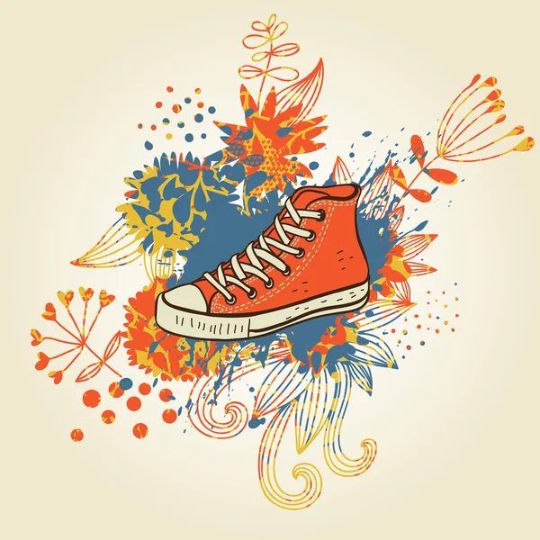 Zapato con estilo sobre fondo floral abstracto de dibujos animados — Vector de stock