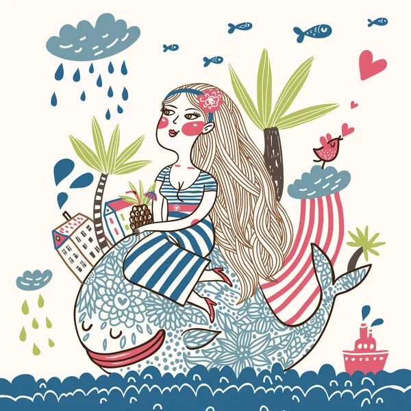 Fille mignonne sur une baleine dans le style de dessin animé — Image vectorielle