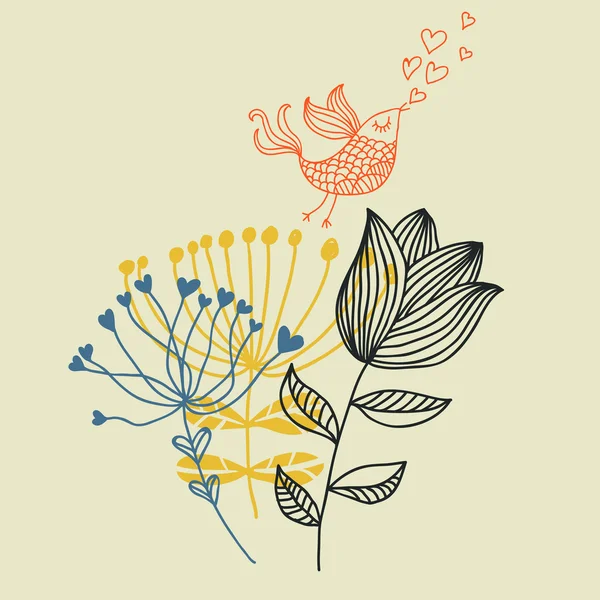Composition florale avec oiseau dessin animé — Image vectorielle