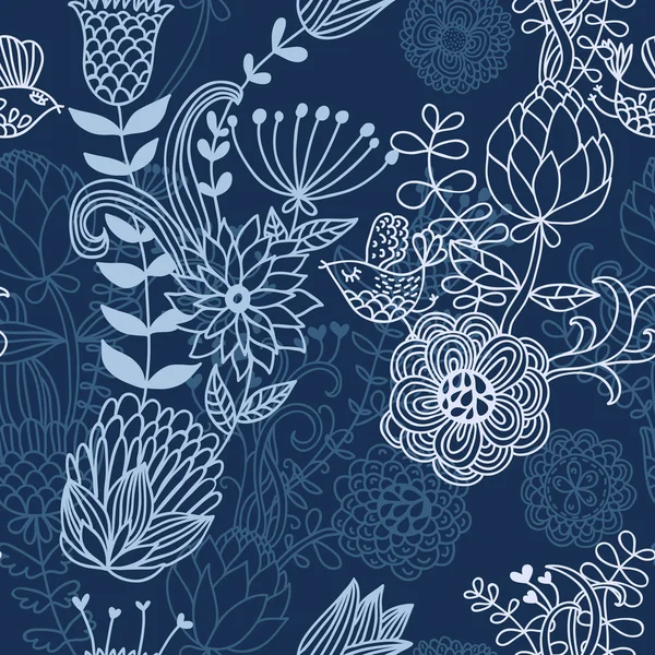Nahtloses florales Cartoon-Muster in blauen Farben — Stockvektor