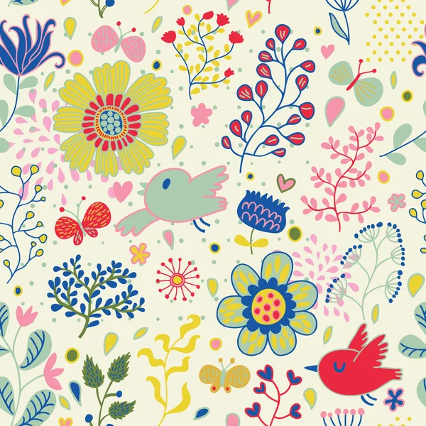 Texture sans couture avec fleurs et oiseaux. Motif floral sans fin.Motif sans couture peut être utilisé pour le papier peint, remplissage de motif, fond de page Web, textures de surface. Superbe fond floral sans couture — Image vectorielle