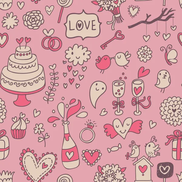 Süße und leckere nahtlose Muster im Cartoon-Stil. Hochzeitseinladung in rosa Farbe. Valentin-Tageskarte. — Stockvektor