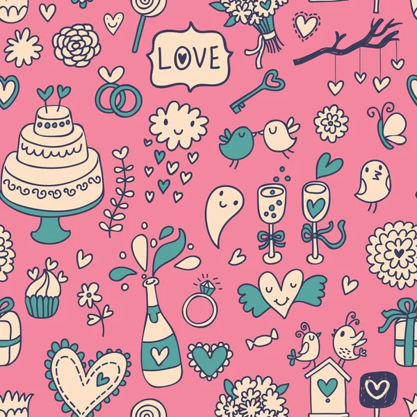 Sweet and tasty seamless pattern in cartoon style. Wedding invitation in pink color. Valentines day card. — Stock Vector