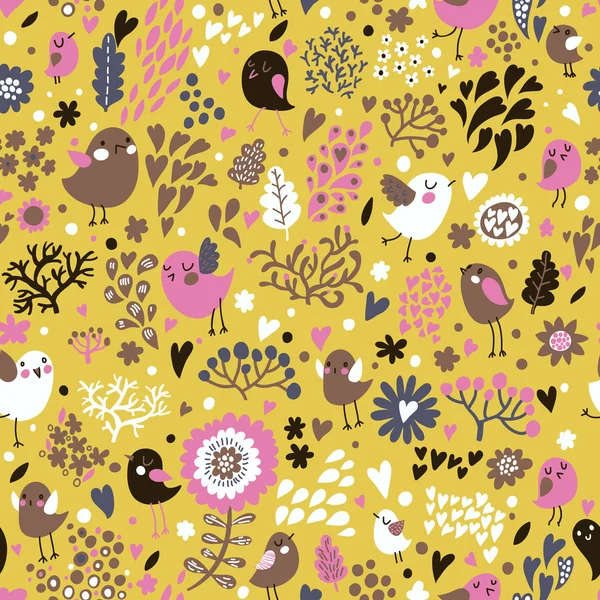 Romantische naadloze bloemmotief in retro stijl. vogels en vlinders in bloemen — Stockvector