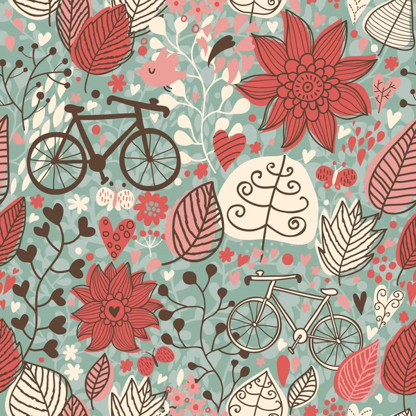 Stylized floral seamless pattern with bikes — Stock Vector