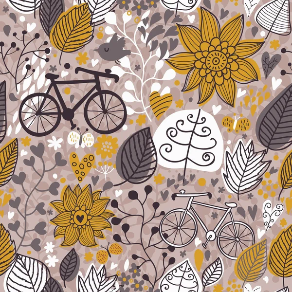 Stylized floral seamless pattern with bikes — Stock Vector