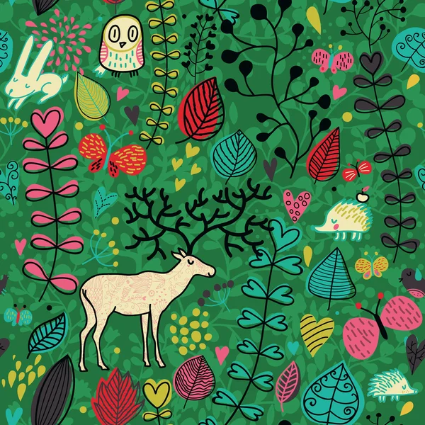 Patrón sin costura de bosque vintage con flores, ciervos, búho y erizo — Vector de stock