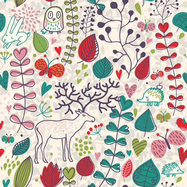 Forêt vintage motif sans couture avec fleurs, cerfs, hiboux et hérissons — Image vectorielle