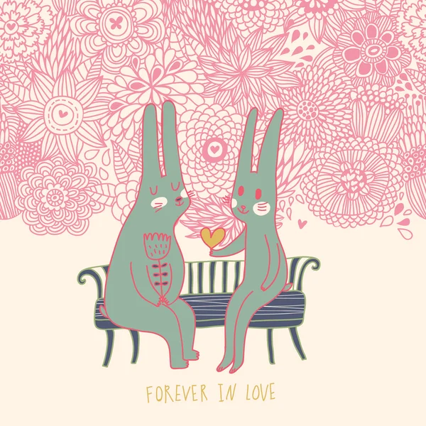 Романтический мультяшный фон с веселыми кроликами в любви — стоковый вектор