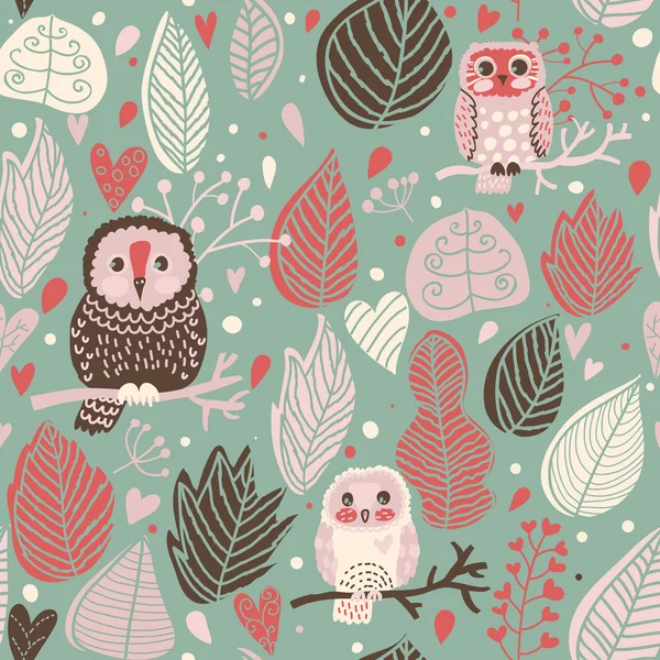 Vintage floral seamless pattern with owls — Stock Vector