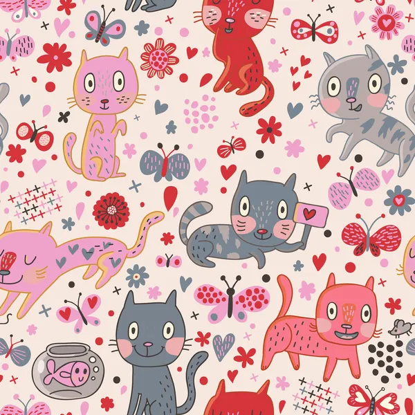 Funny cats in flowers. Cartoon vector seamless pattern — Stock Vector