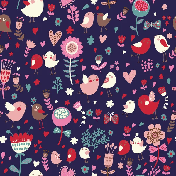 Lumineux motif floral dessin animé sans couture dans de belles couleurs. Oiseaux mignons en fleurs — Image vectorielle