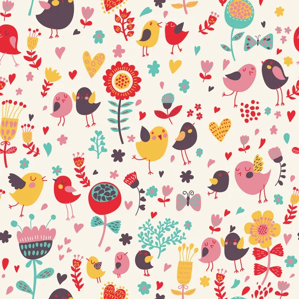Helles florales Cartoon nahtloses Muster in schönen Farben. Niedliche Vögel in Blumen — Stockvektor