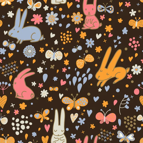 Schattig konijnen en vlinders in vector. mooie kinderachtig achtergrond. naadloze patroon kan worden gebruikt voor achtergronden, opvulpatronen, web pagina-achtergronden, oppervlakte texturen. — Stockvector