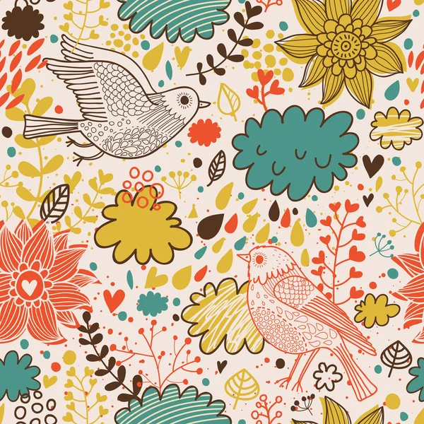 明るい夏の鳥、花と雲とのシームレスなパターン。壁紙、パターンの塗りつぶし、表面のテクスチャの web ページの背景にシームレスなパターンを使用することができます。. — ストックベクタ