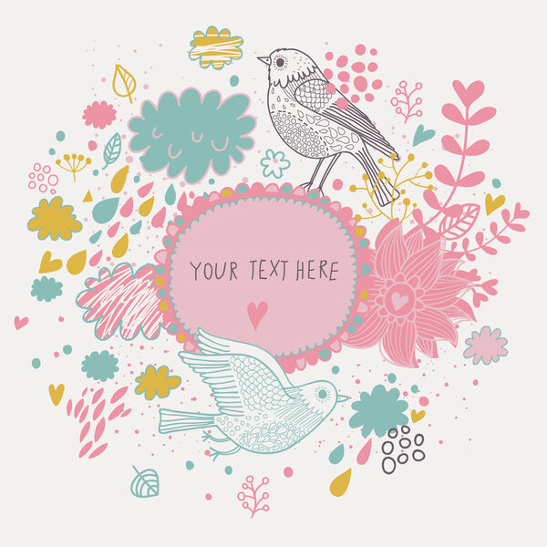 Nice background in autumn colors with vintage birds. Vector frame with place for text. Valentine's day card