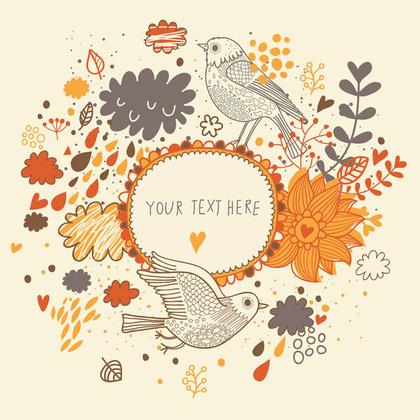 Nice background in autumn colors with vintage birds. Vector frame with place for text. Valentine's day card