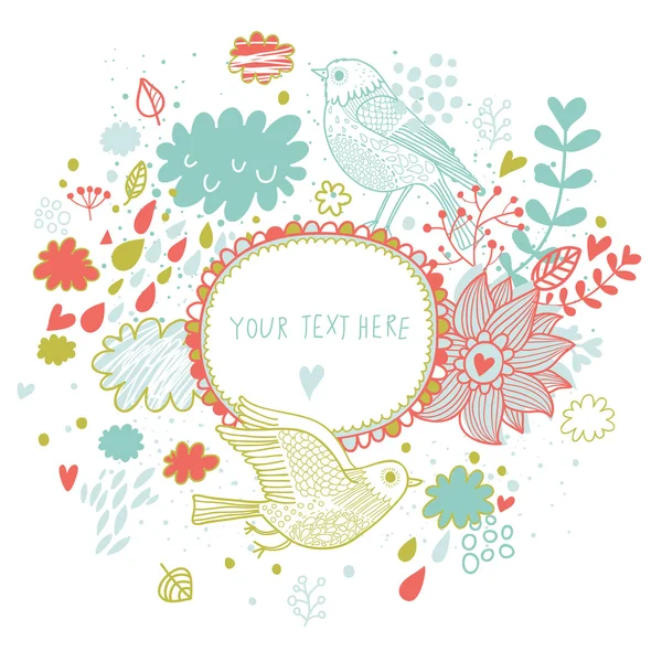 Bonito fondo en colores otoñales con aves vintage. Marco vectorial con lugar para texto. Tarjeta de San Valentín — Vector de stock