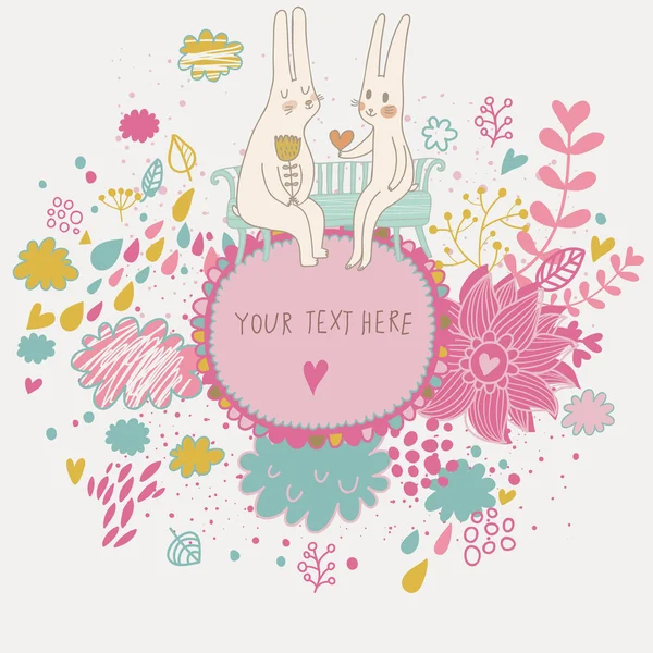 Cartoon romantic composition. Cute rabbit pair in flower — Stock Vector