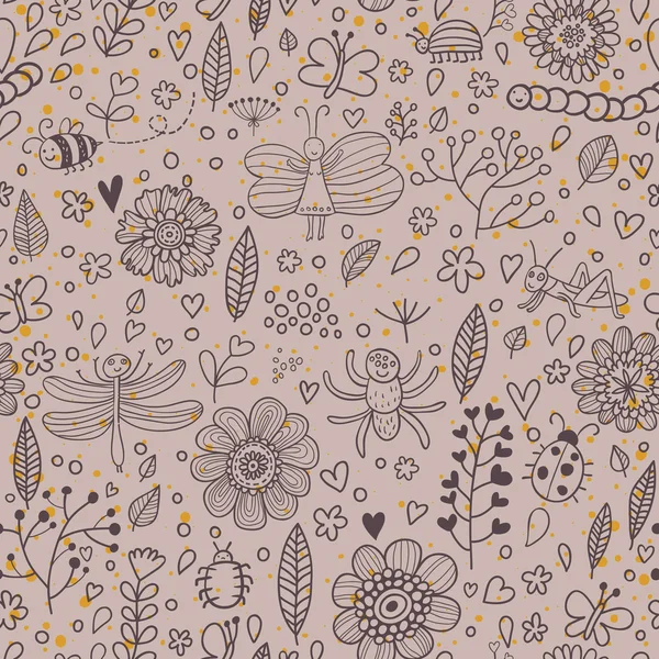 Des insectes dans les fleurs. Dessin animé motif sans couture — Image vectorielle