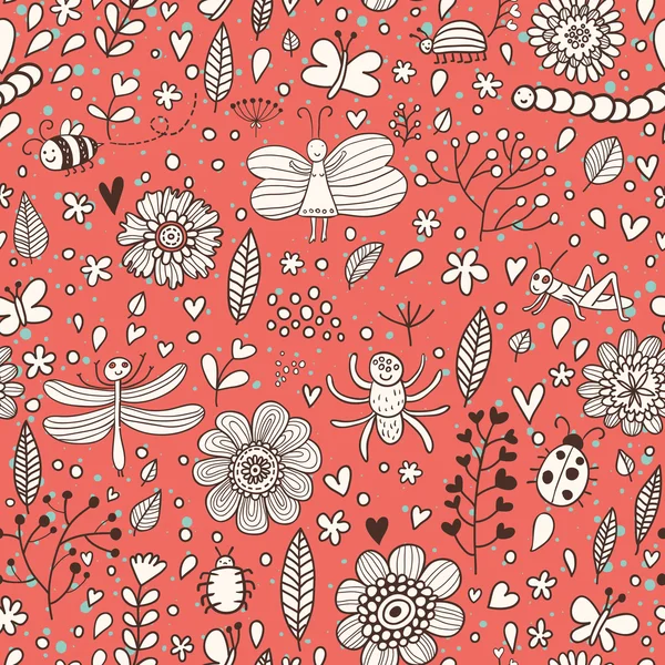 Insects in flowers. Cartoon seamless pattern — Stock Vector