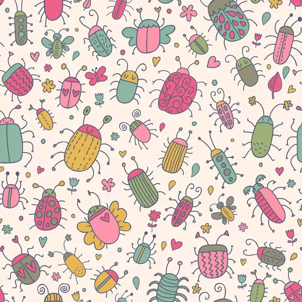 Lente weiland. Cartoon naadloze patroon met bugs en bloemen in vector — Stockvector