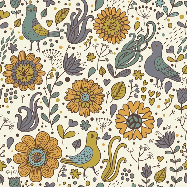 Pigeons in vintage flowers. Classical seamless pattern in vector — Stock Vector