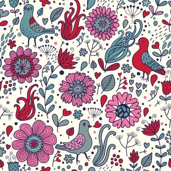 Pigeons in vintage flowers. Classical seamless pattern in vector — Stock Vector