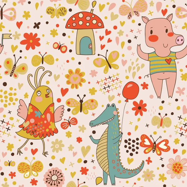 Divertidos animales de dibujos animados en vector. Lindo patrón sin costuras para fondos de pantalla de niños en colores rosados — Archivo Imágenes Vectoriales