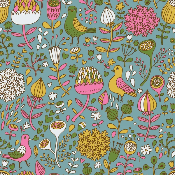 Naadloze bloemmotief met vogels voor stijlvolle wallpapers in cartoon stijl — Stockvector