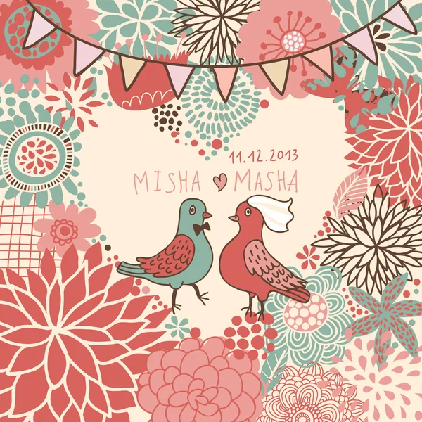 Brillante invitación de boda vector. Fondo floral romántico. Palomas sobre flores en ilustración de dibujos animados — Archivo Imágenes Vectoriales