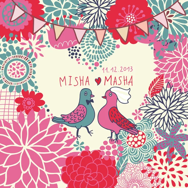 Bright vector wedding invitation. Romantic floral background. Pigeons on flowers in cartoon illustration — 스톡 벡터