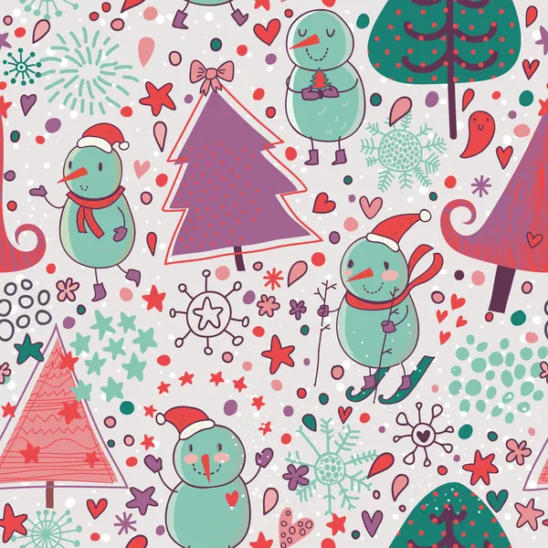 Dibujos animados fondo de Navidad en vector. Muñeco de nieve en bosque de invierno — Vector de stock