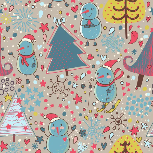 漫画のクリスマス ベクトル背景。冬の森の雪だるま — ストックベクタ