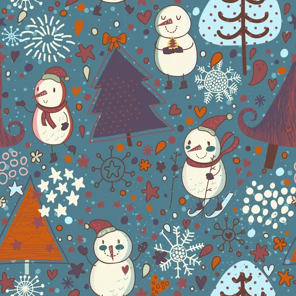 Desenhos animados fundo de Natal em vector. Boneco de neve na floresta de inverno — Vetor de Stock