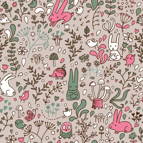 Desenhos animados engraçados padrão floresta sem costura para crianças fundo. Coelhos, aves, ouriços, cogumelos, corujas e borboletas — Vetor de Stock