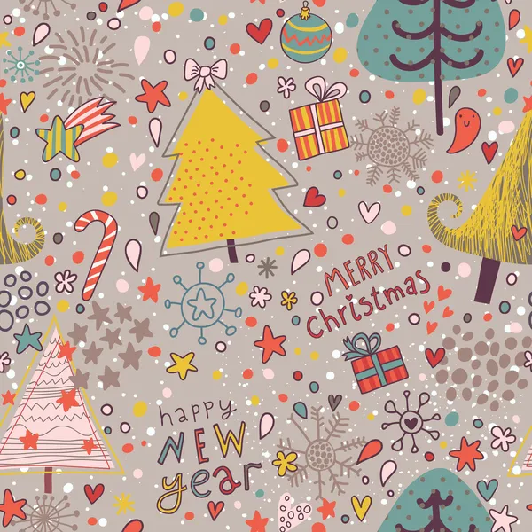 La trama degli alberi di Natale e personaggi dei cartoni animati carino. Nuovo anno senza soluzione di continuità Pattern.winter design . — Vettoriale Stock