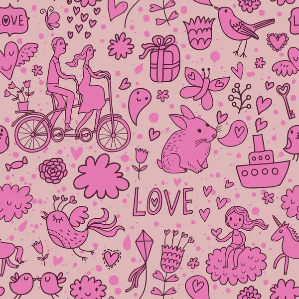 Lindo fondo romántico en vector. Patrón sin costuras con amantes, pájaros, conejos, barcos y otros elementos románticos. Se puede utilizar para el papel pintado, rellenos de patrones, fondos de página web, texturas de superficie . — Archivo Imágenes Vectoriales