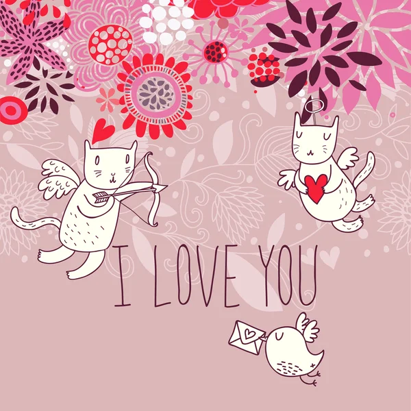 Fond romantique. Cupidon chats en fleurs — Image vectorielle