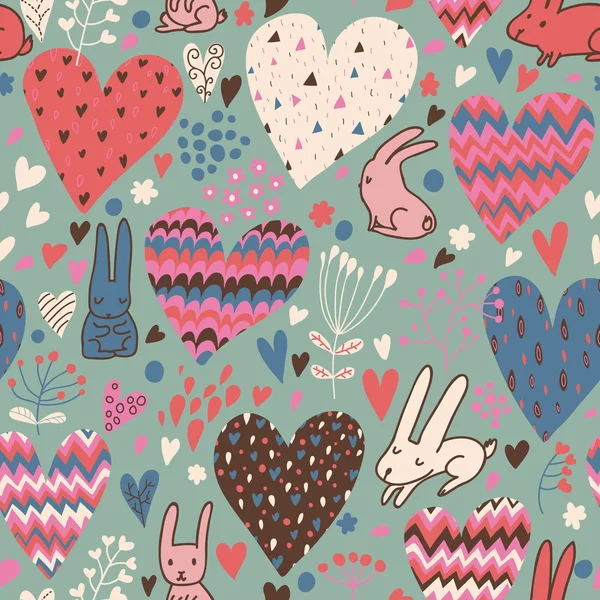 Cute love bunnies pattern with hearts — Stock Vector