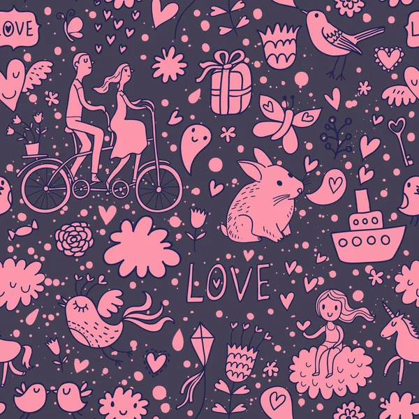 Cute romantic background in vector. Seamless pattern with lovers, birds, rabbits, ship and other romantic elements. Can be used for wallpaper, pattern fills, web page backgrounds, surface textures. — Stock Vector