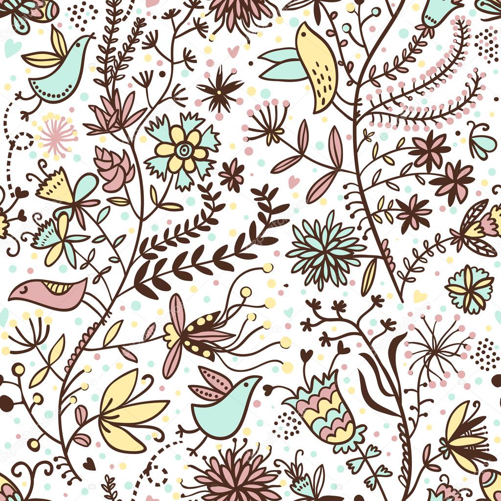 Floral seamless pattern with cartoon birds