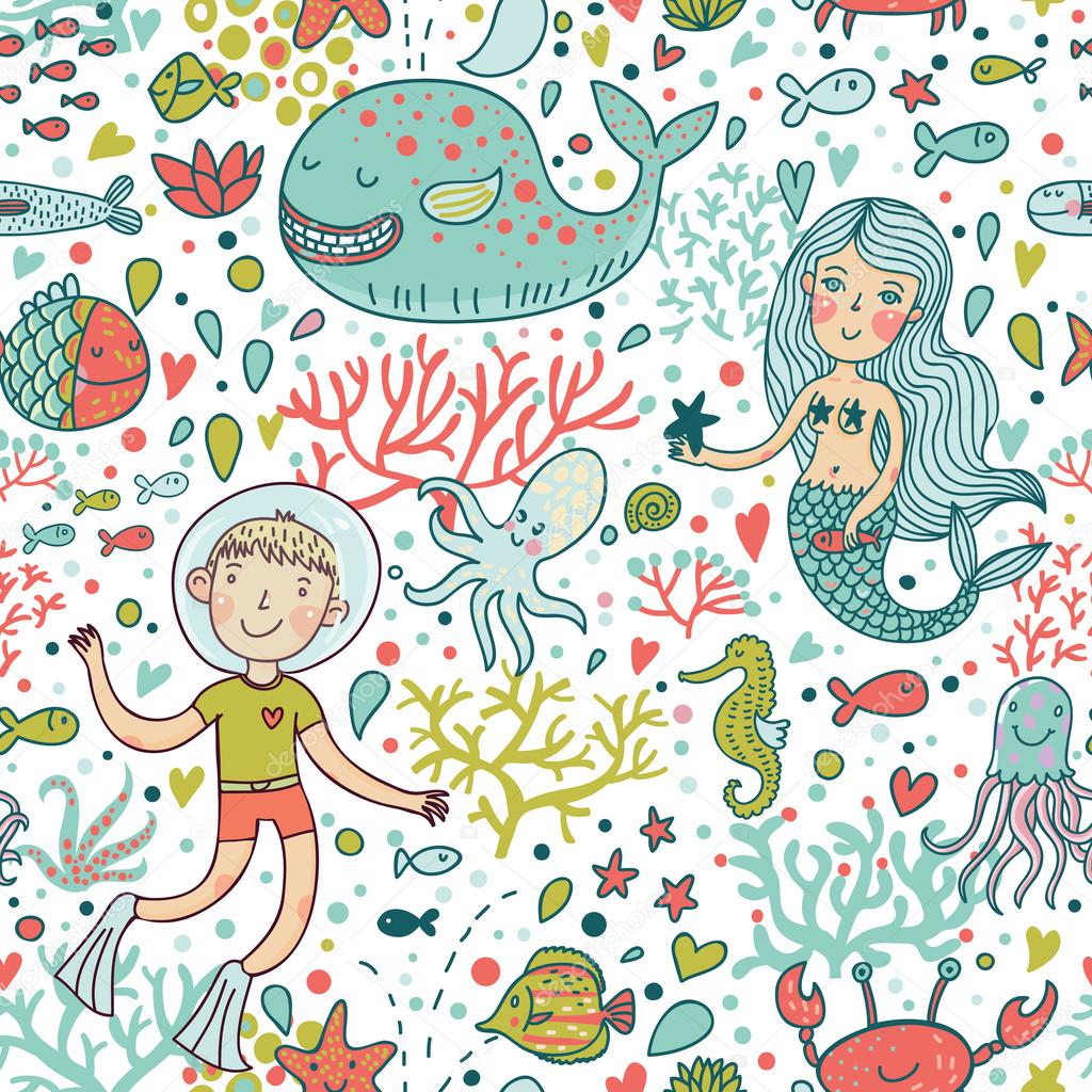 Funny color seamless pattern with sea live