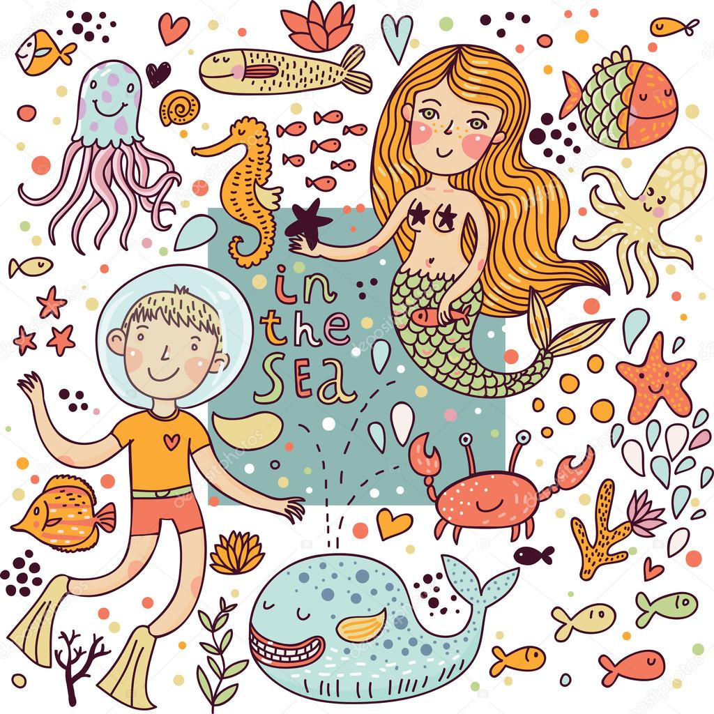 Funny color seamless pattern with sea live