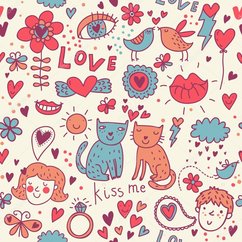 Cartoon romantic seamless pattern with kids, cats and birds