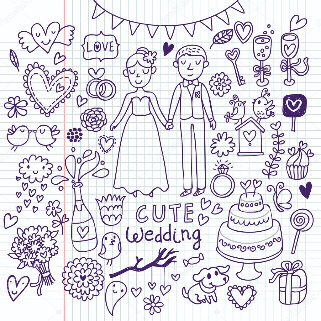 Doodle vector wedding set. Can be used for weddind invitation