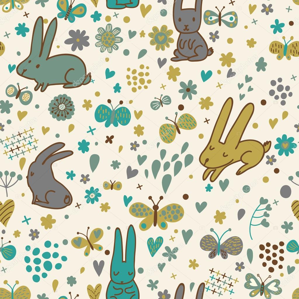 Cute rabbits and butterflies in vector. Nice childish background. Seamless pattern can be used for wallpapers, pattern fills, web page backgrounds, surface textures.