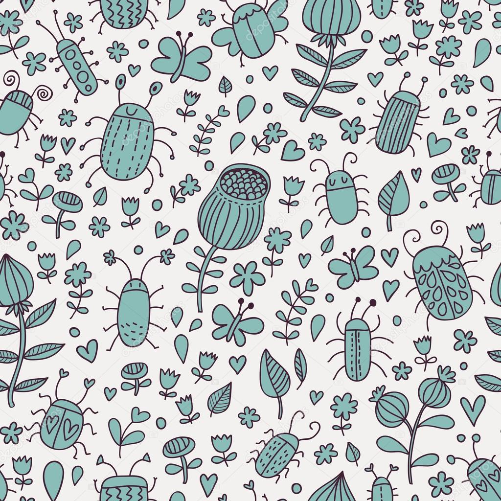 Flowers, bugs and butterflies. Cartoon seamless pattern for modern wallpapers