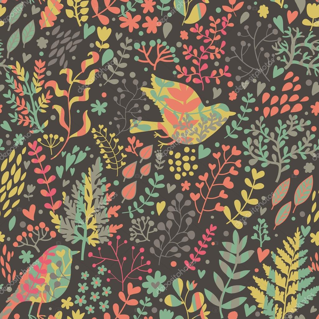 Realistic birds in flowers. Seamless pattern for cute nature wallpapers ...